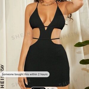Black Dress Cut Out Waist Tie Backless Halter Neck